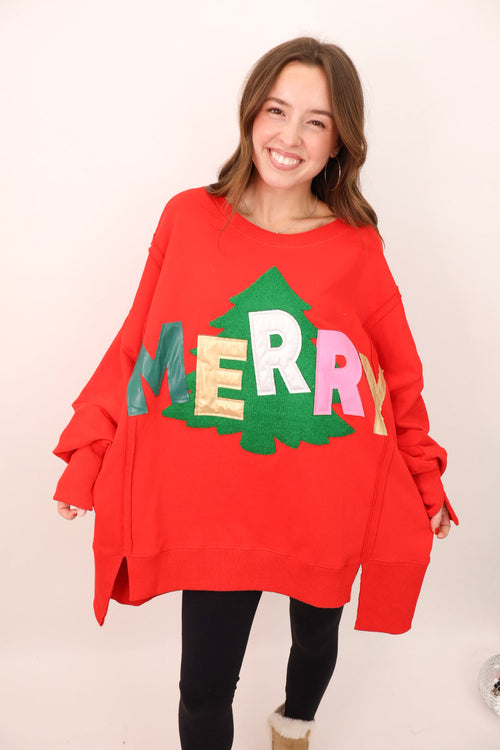 Merry Leather Patch Red Pullover