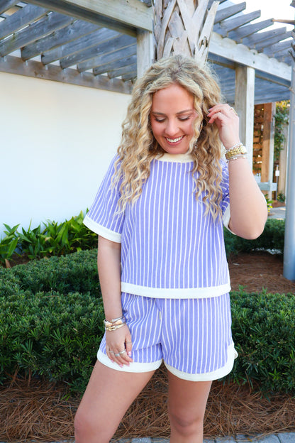 Periwinkle Stripe Contrast Trim Short Set