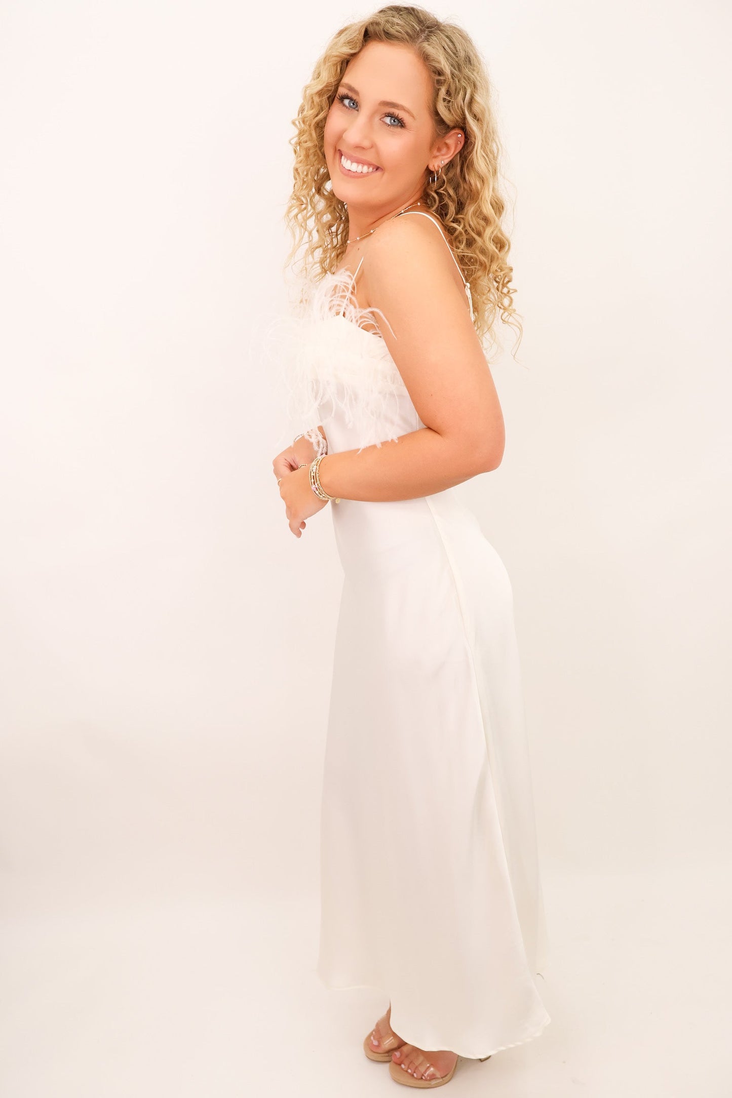 Ivory Feather Trim Slip Dress