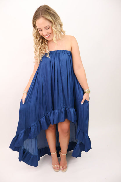 Satin Strapless High-Low Maxi Dress - Midnight Blue