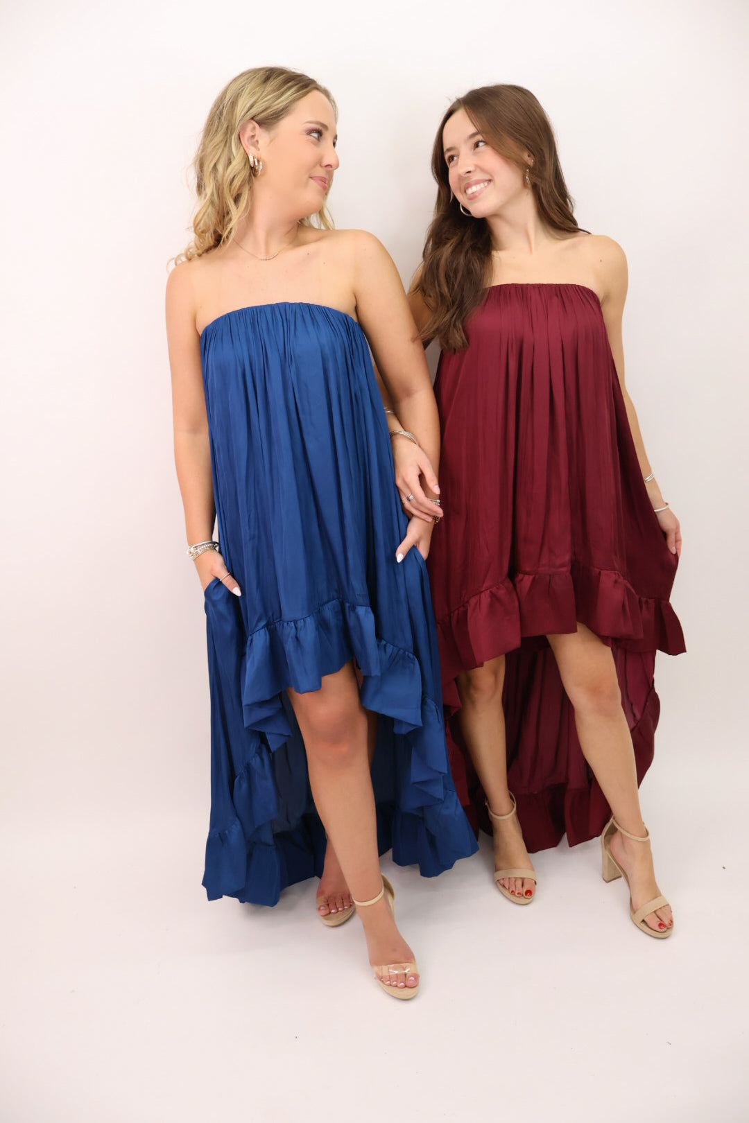 Satin Strapless High-Low Maxi Dress - Midnight Blue
