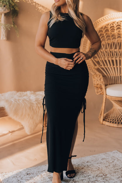Out Late Cinched Midi Skirt (Black) FINAL SALE