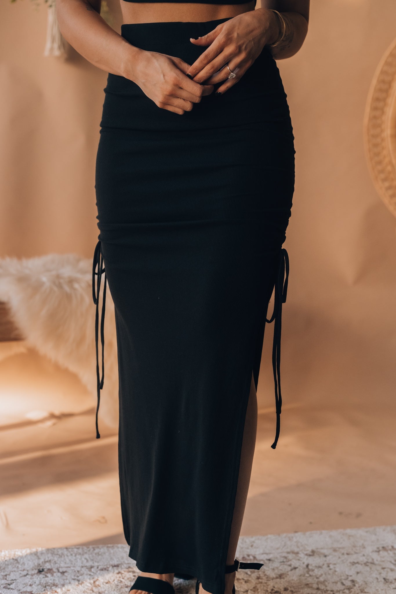 Out Late Cinched Midi Skirt (Black) FINAL SALE