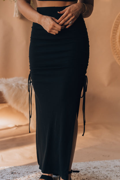 Out Late Cinched Midi Skirt (Black) FINAL SALE