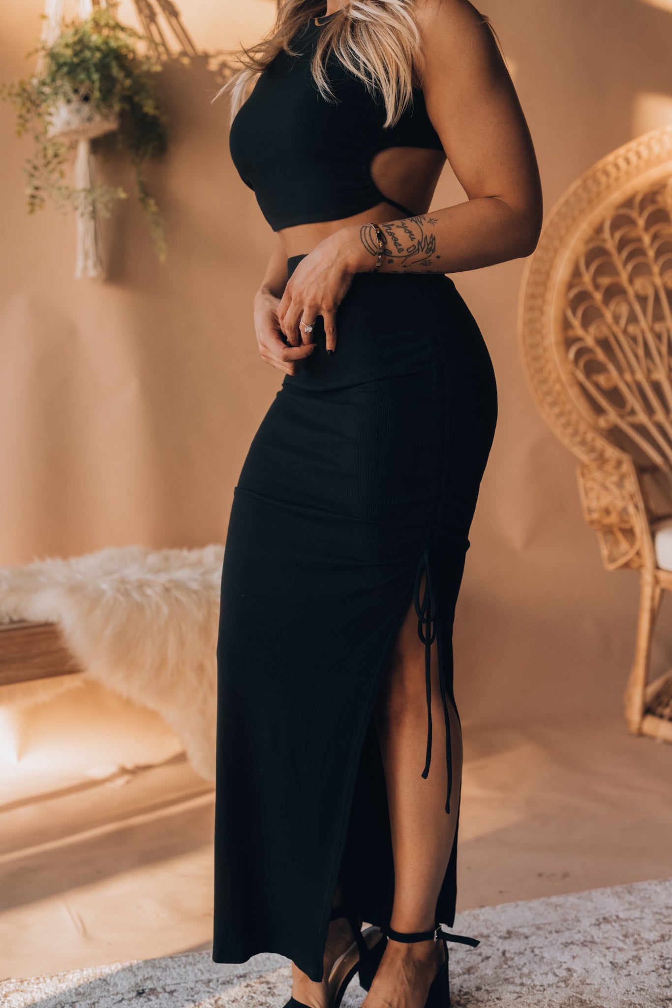 Out Late Cinched Midi Skirt (Black) FINAL SALE