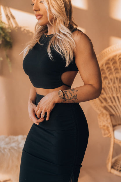 Out Late Cinched Midi Skirt (Black) FINAL SALE