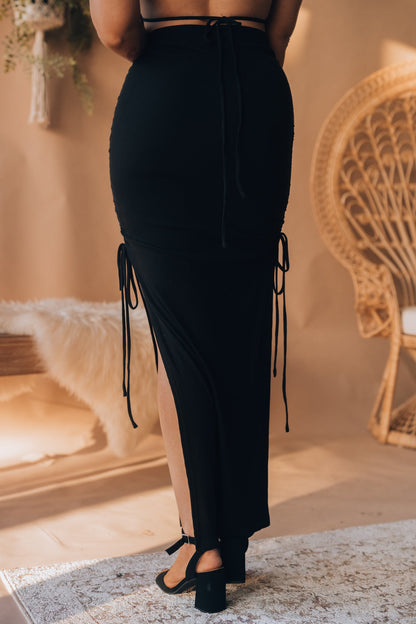 Out Late Cinched Midi Skirt (Black) FINAL SALE