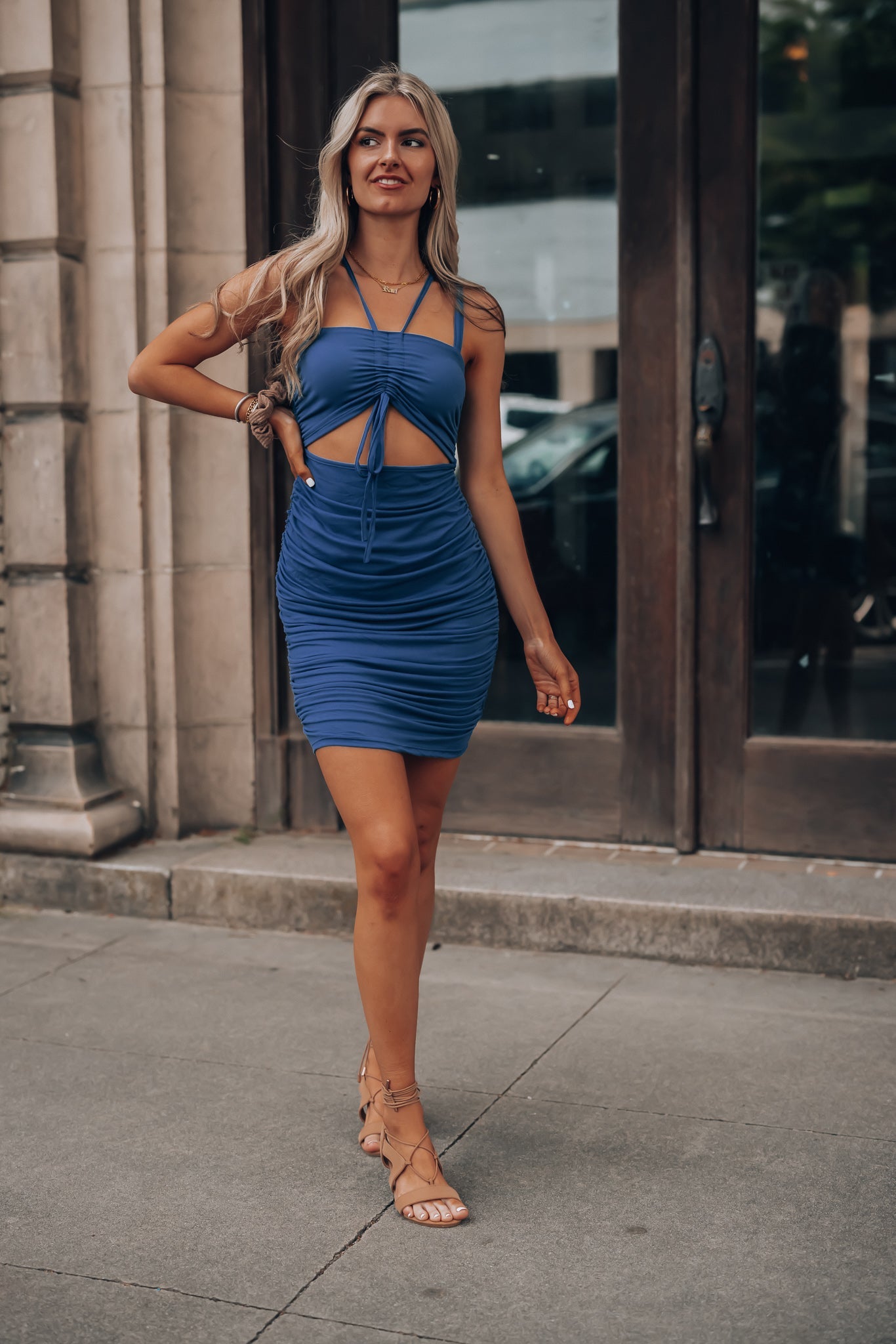 Racing Heart Ruched Mini Dress (Ocean) FINAL SALE