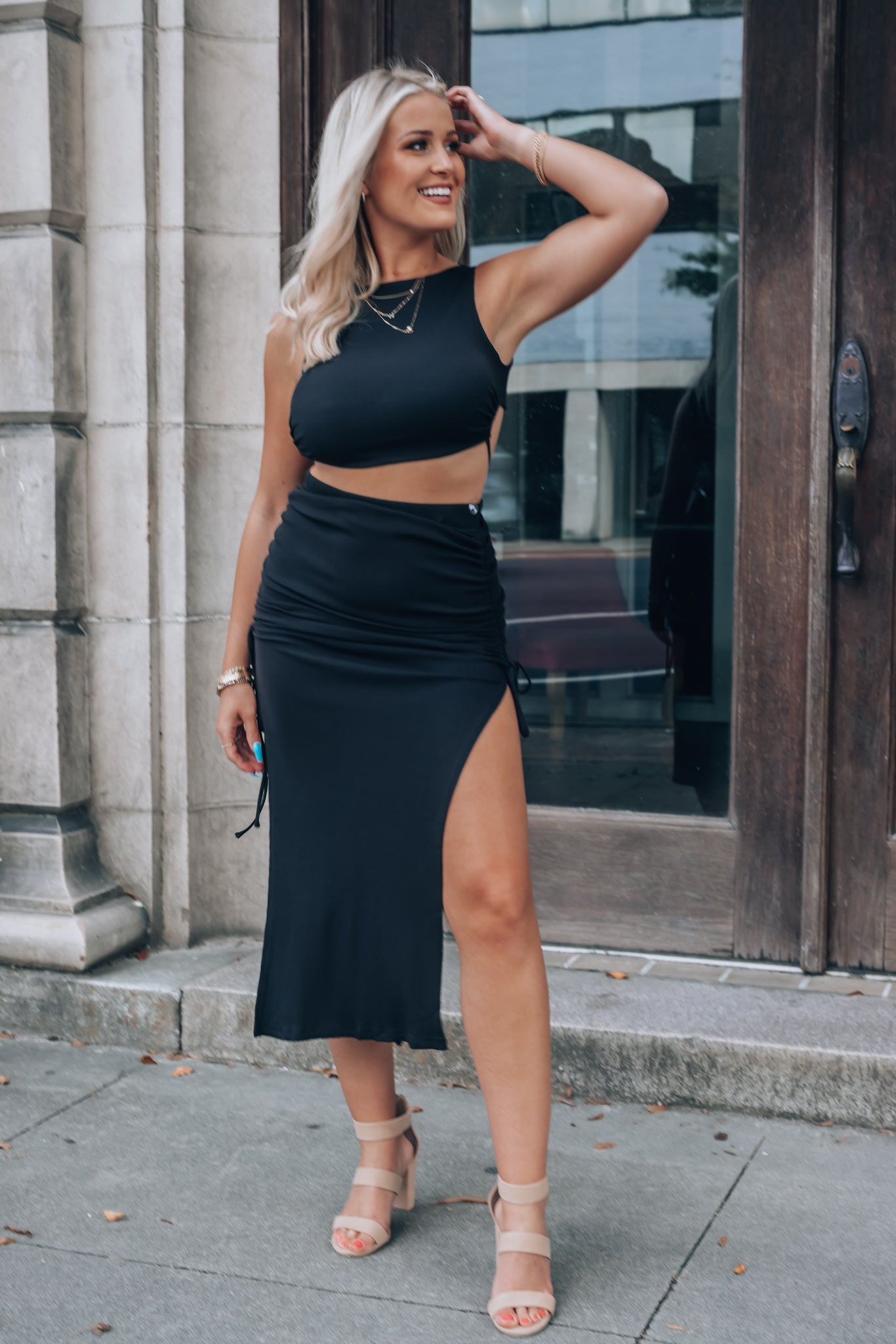 Out Late Cinched Midi Skirt (Black) FINAL SALE