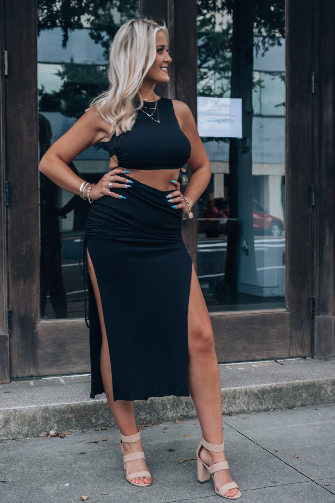 Out Late Cinched Midi Skirt (Black) FINAL SALE