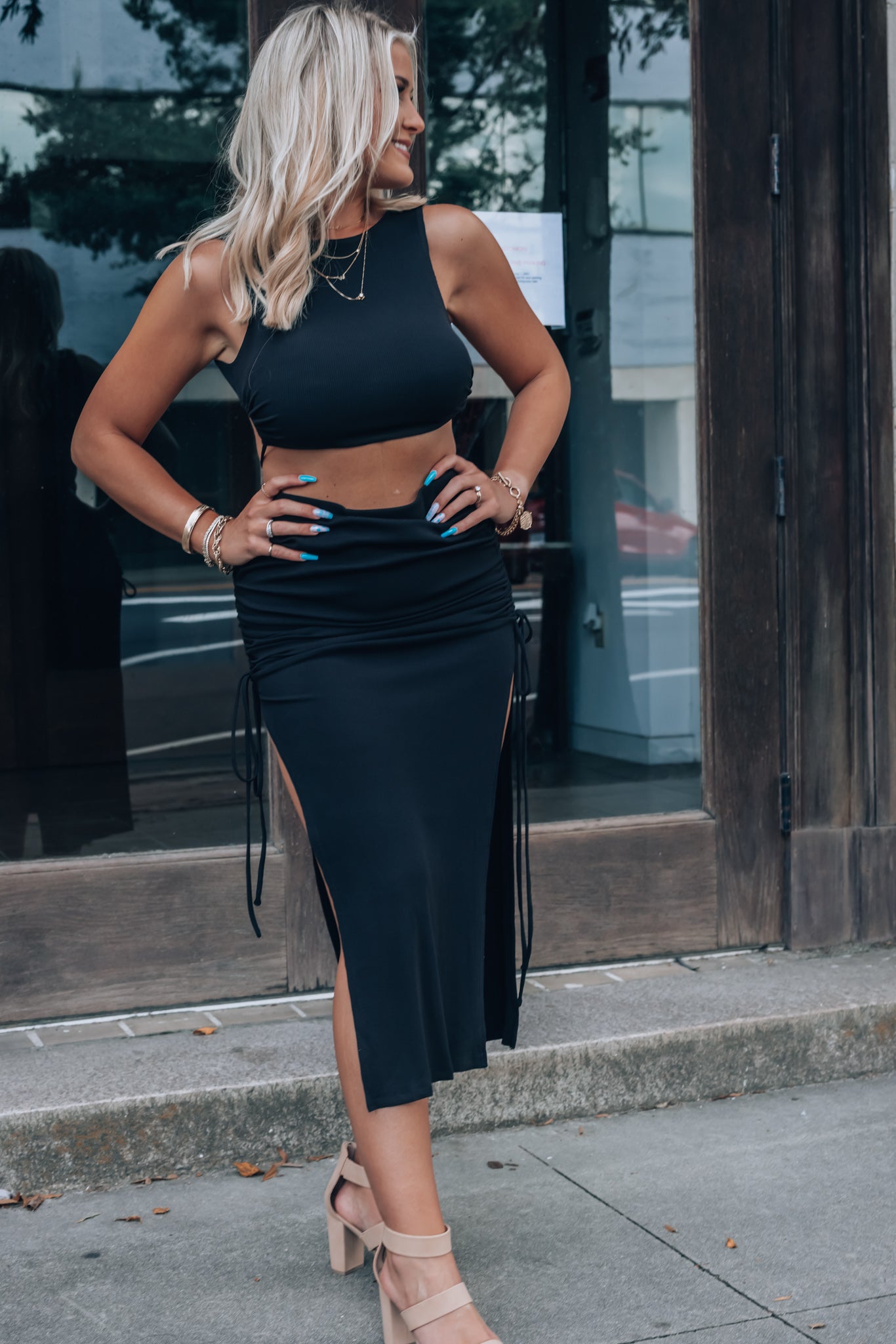 Out Late Cinched Midi Skirt (Black) FINAL SALE