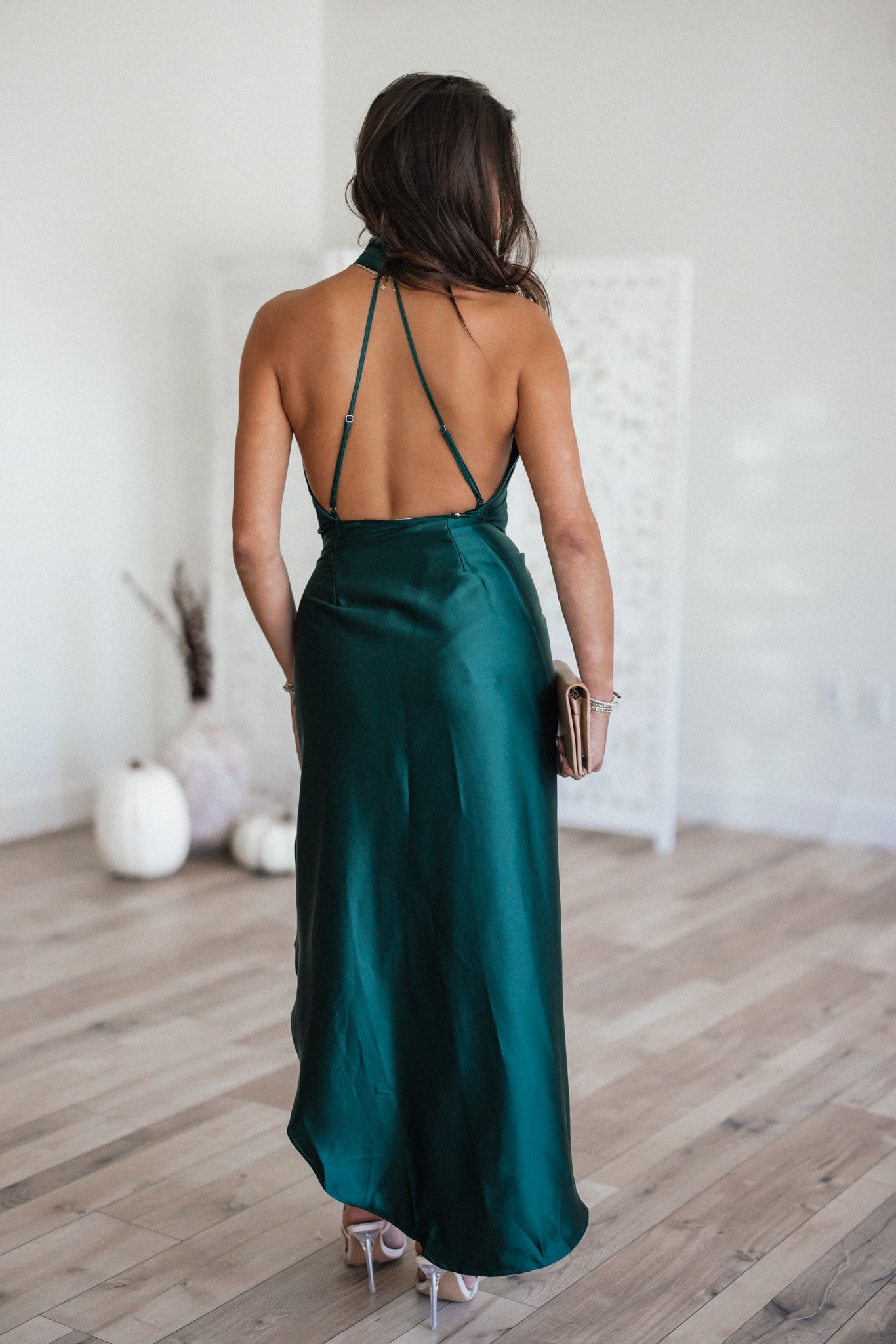 Own The Night Mock Neck Satin Dress (Hunter Green)