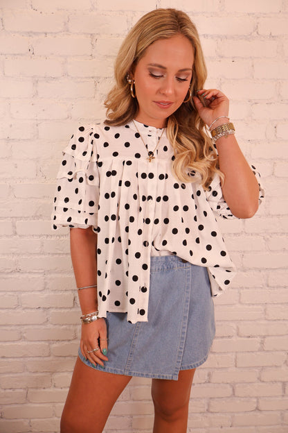 Polka Dot Button Front Babydoll Top