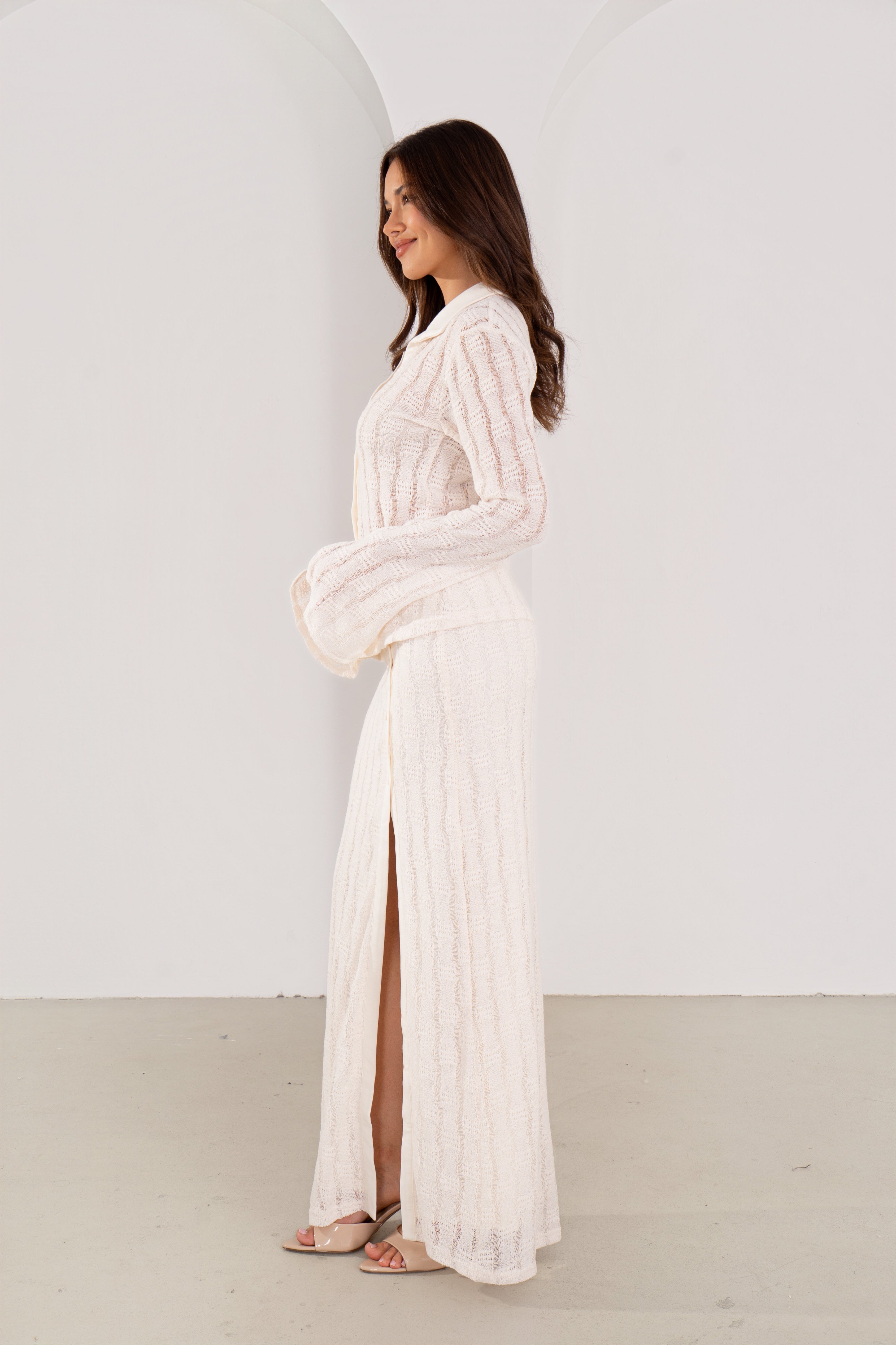 Josette Cream Knit Long Sleeve Button Down Top & Buttoned Maxi Skirt Set