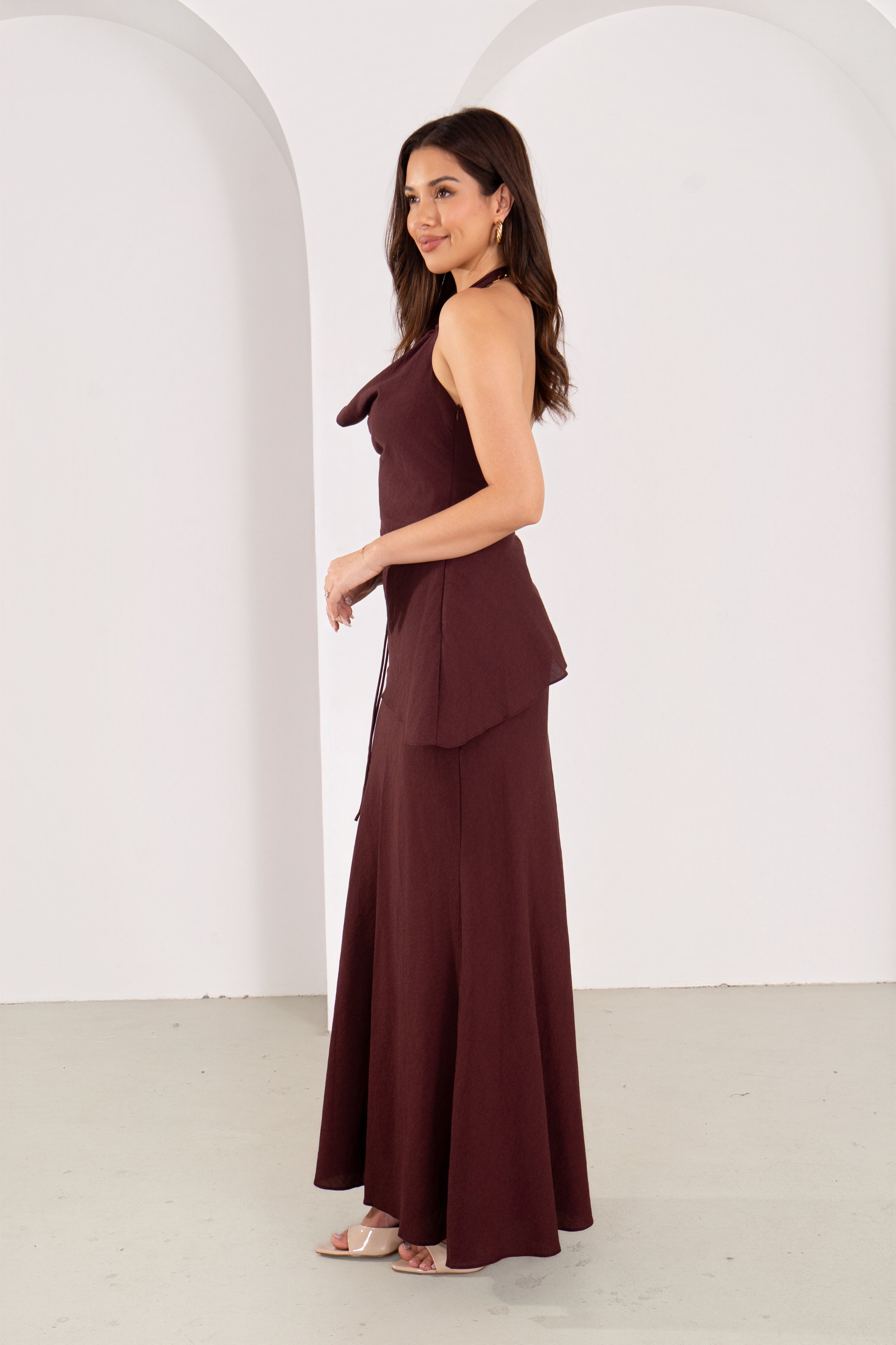 Kasmira Wine Halter Top with Tie & Maxi Skirt Set