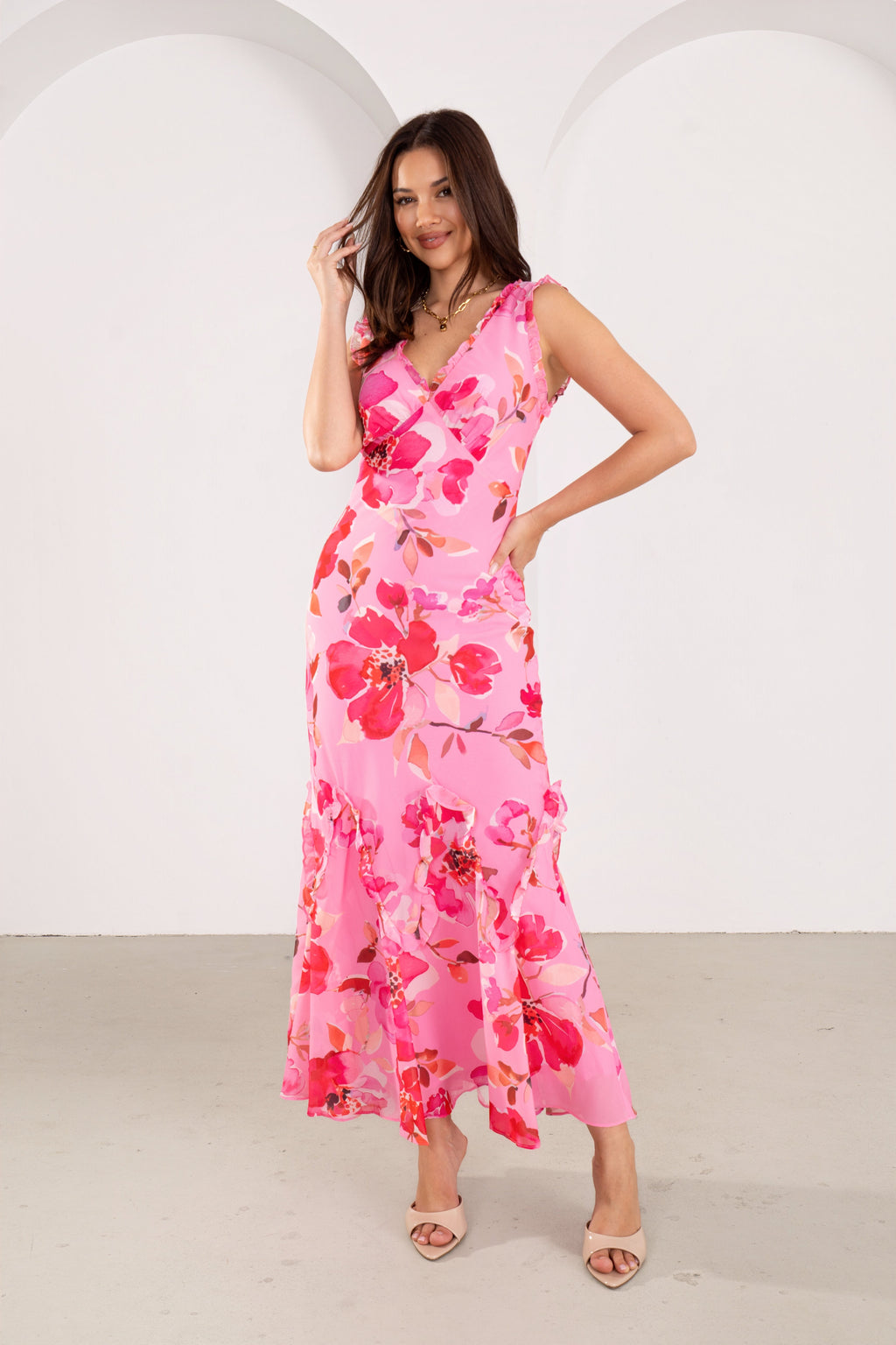 Marie Pink Floral Ruffle Maxi
