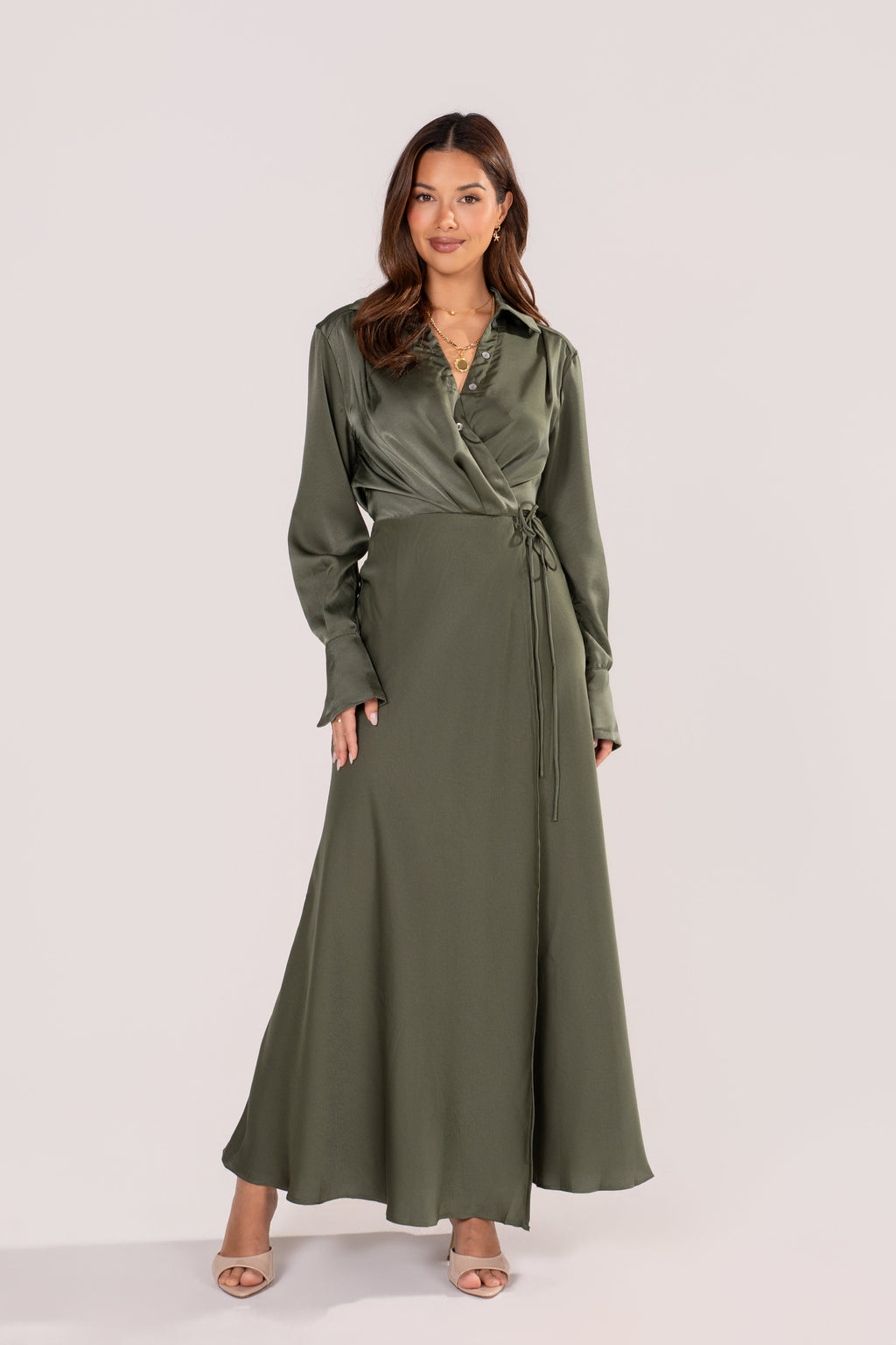 Mina Olive Long Sleeve Satin Maxi Dress