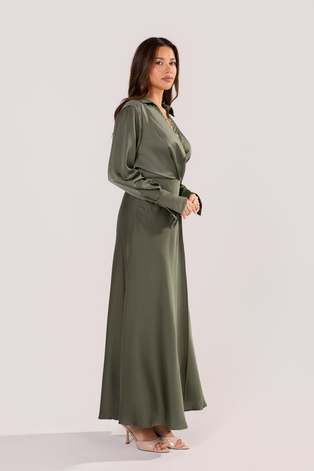 Mina Olive Long Sleeve Satin Maxi Dress