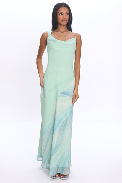 Astoria Asymmetric Cowl Neckline Maxi Dress Abstract Mint