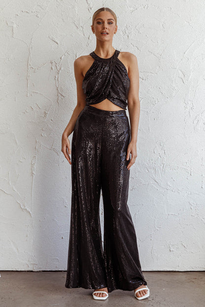 Anything Goes Draped Sequin Crop Top Black