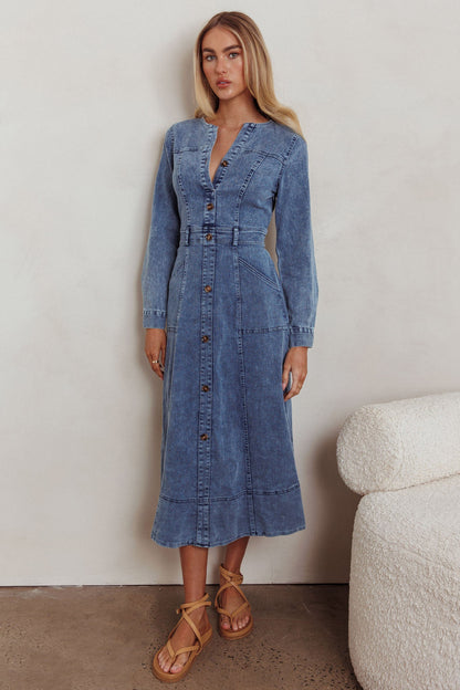 Aspen Love Front Pocket Midi Dress Denim Blue