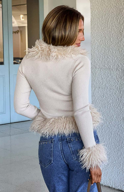Violetta Beige Fur Trim Knit Cardigan - PRE ORDER