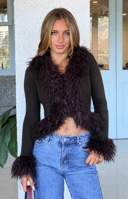 Violetta Chocolate Fur Trim Knit Cardigan - PRE ORDER