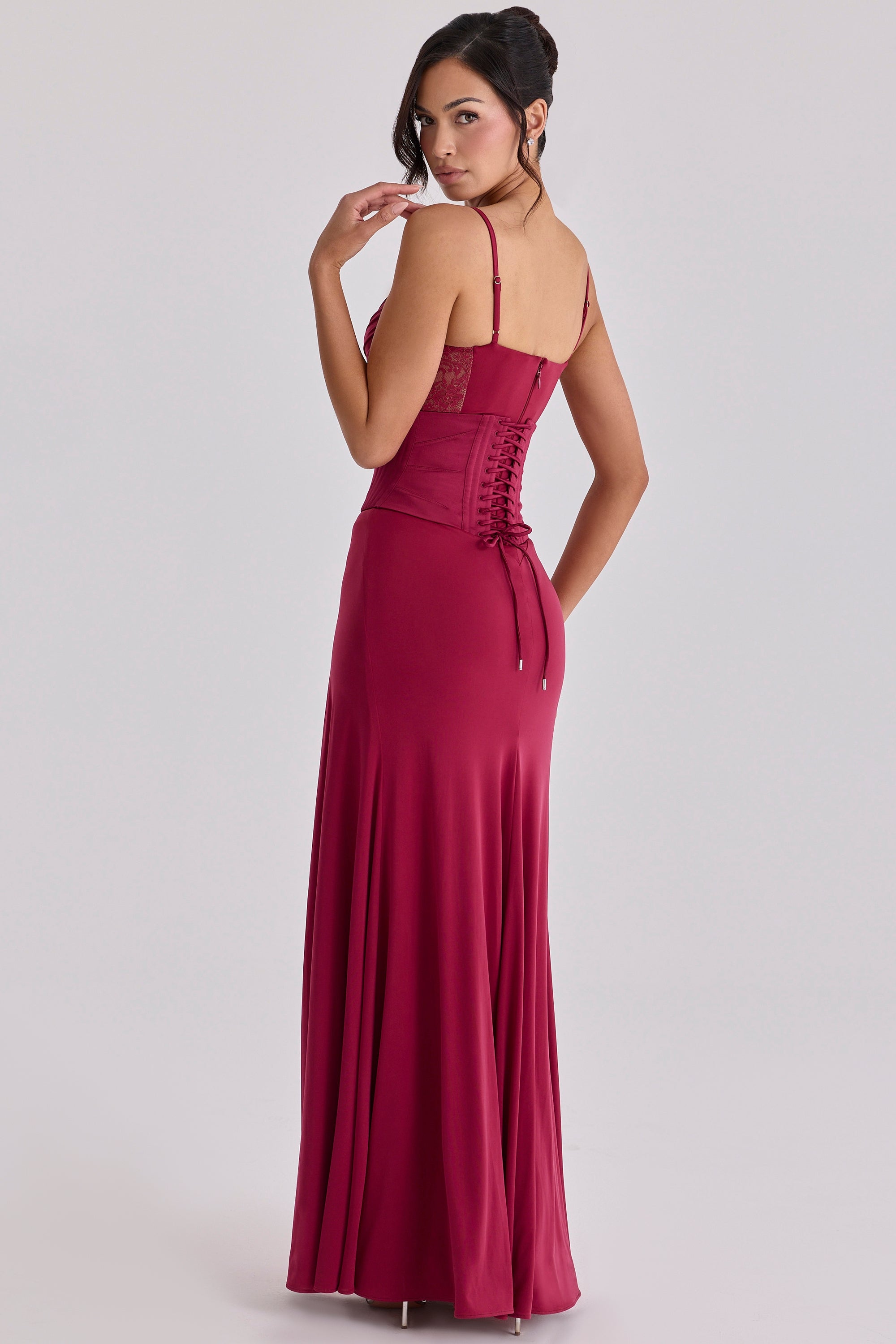 wine lace trim maxi dress + corset