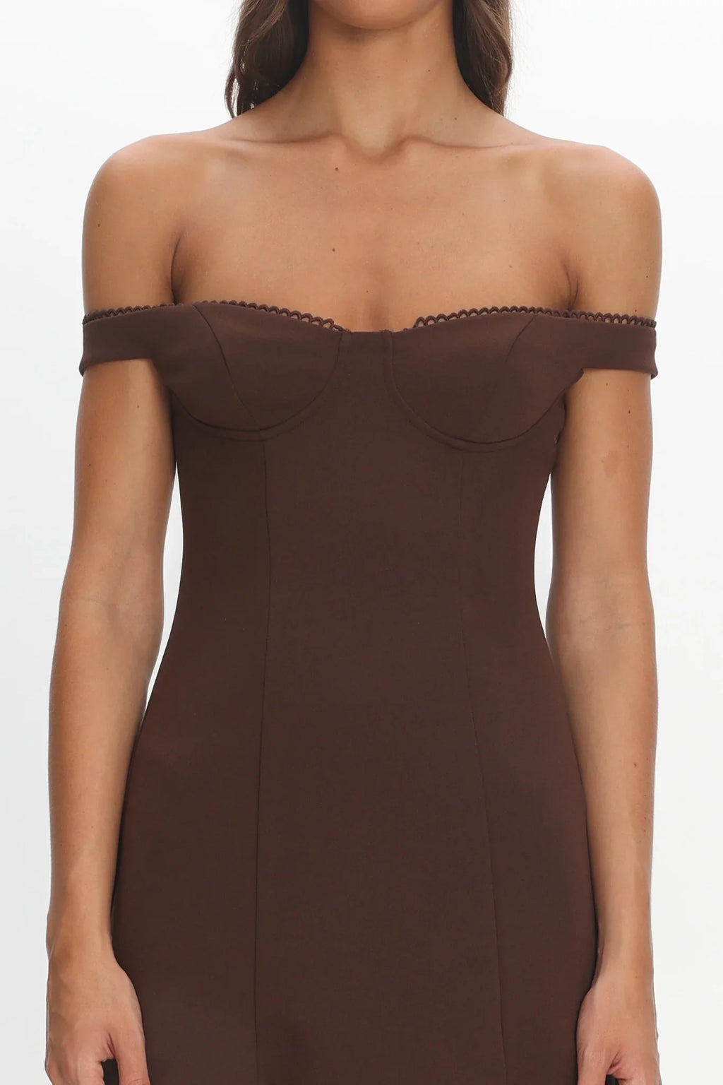 Opulent Off-Shoulder Sheer Hem Maxi Dress Chocolate