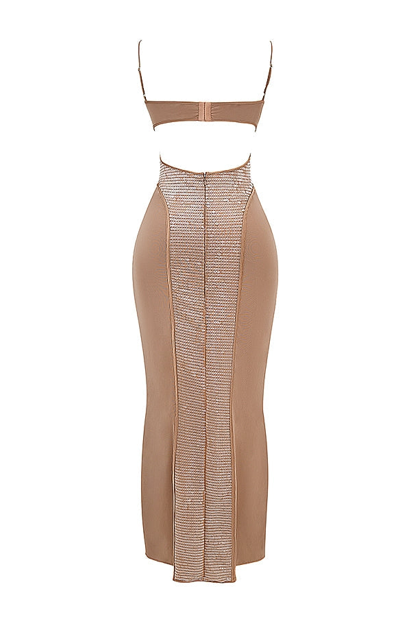 cafe au lait sequin maxi dress