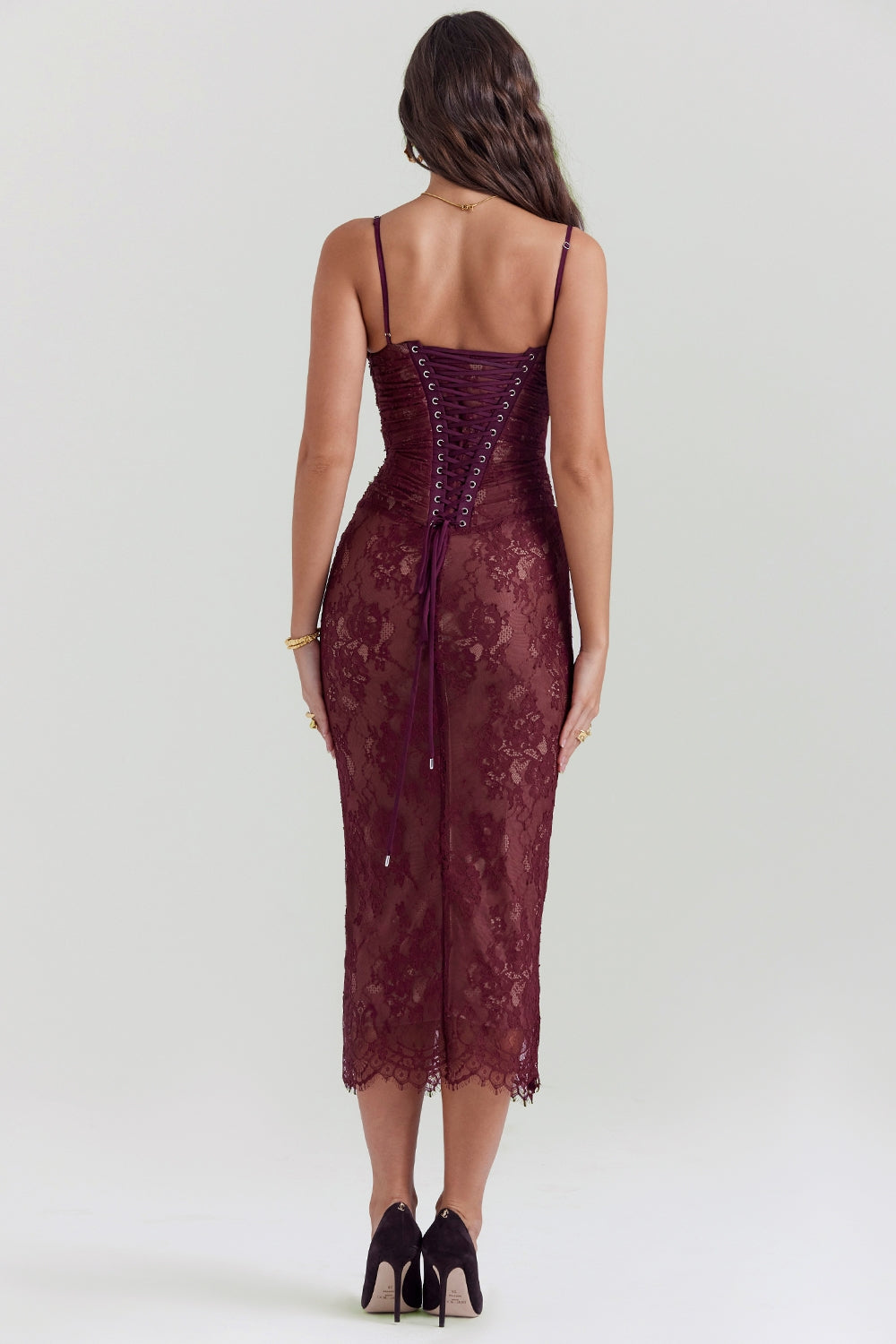 claret lace midi dress