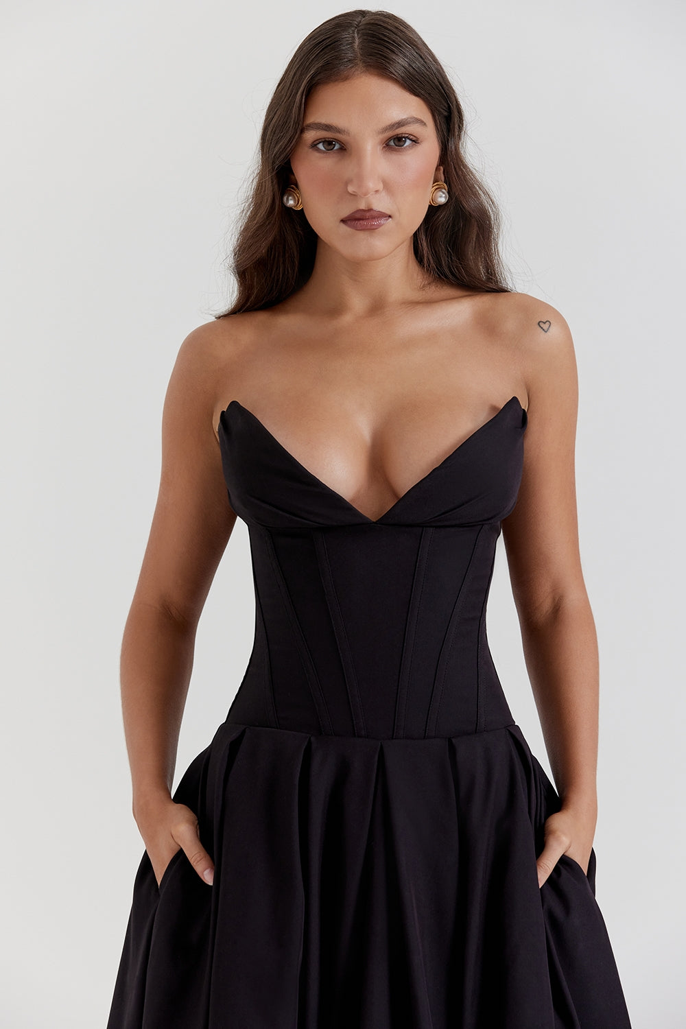 black strapless midi dress