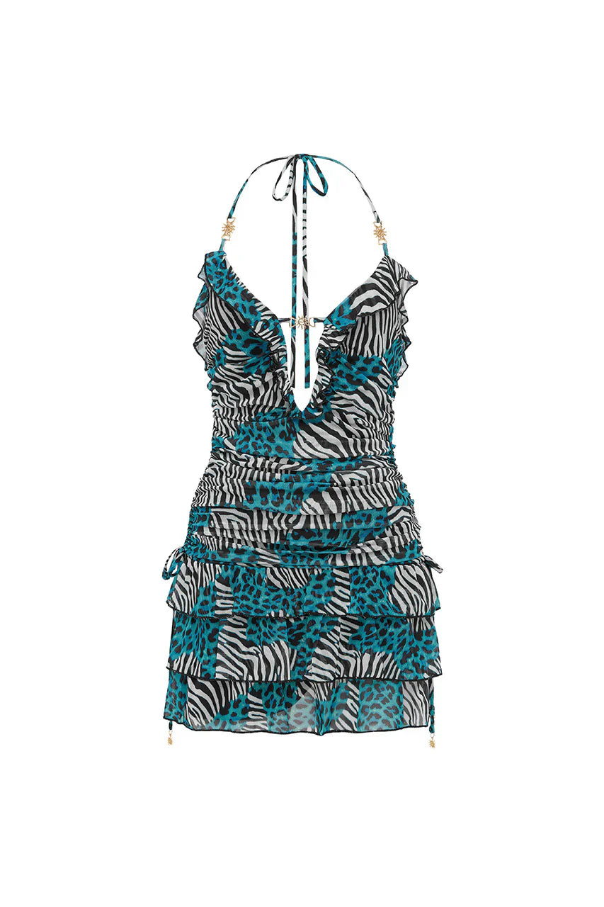 AVANI DEEP-V RUFFLE MINI DRESS - DANTE TEAL