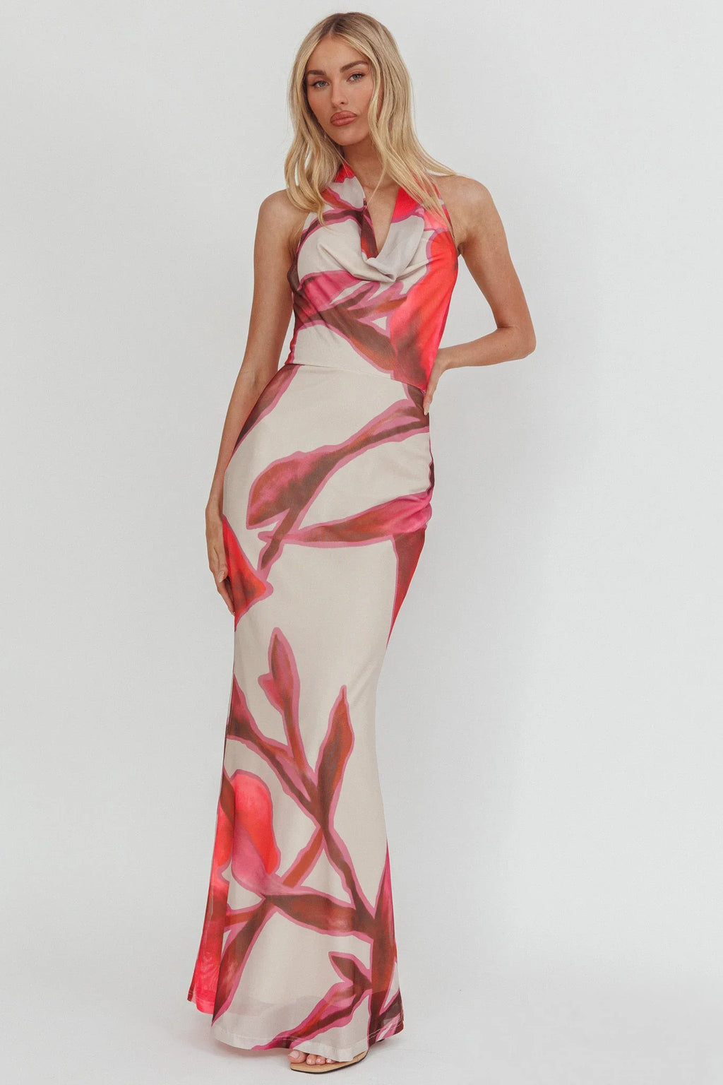 Outlier Cowl Halterneck Maxi Dress Print Beige