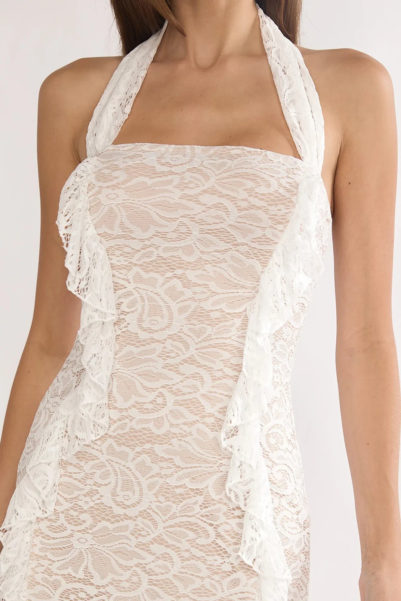 Chiavari Ruffle Trim Lace Maxi Dress White