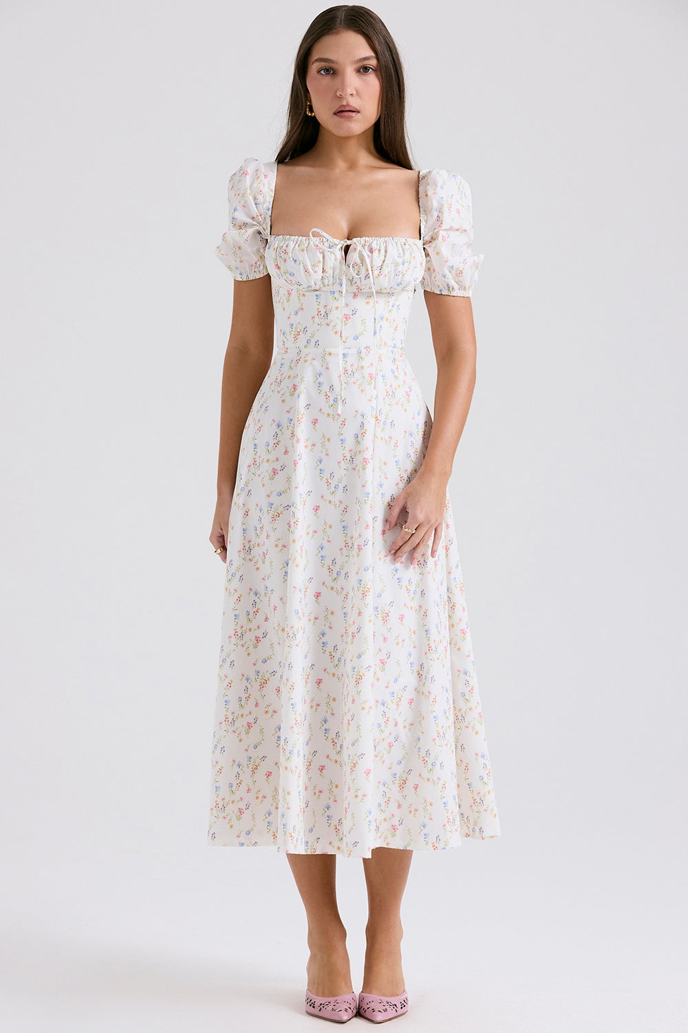 white posy print cotton puff sleeve midi sundress