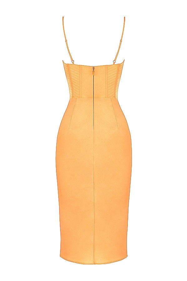 tangerine satin corset midi dress