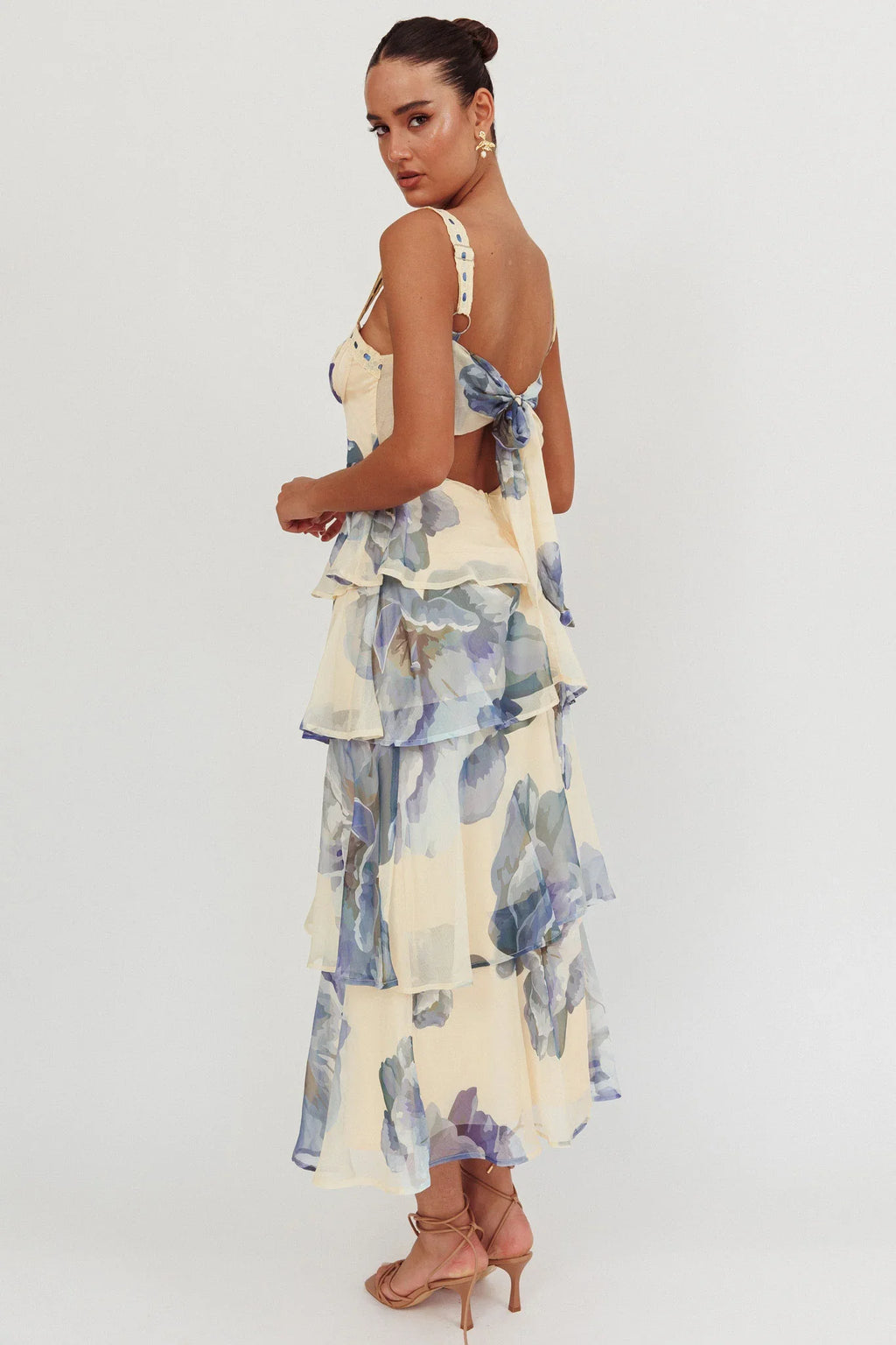 Provence Bloom Tiered Ruffle Maxi Dress Beige/Blue