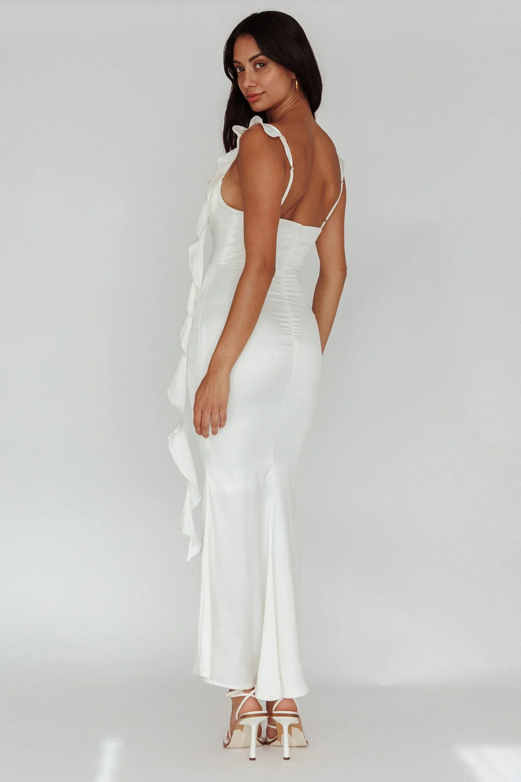 Blushing Ruffle Trim Midi Dress Oyster