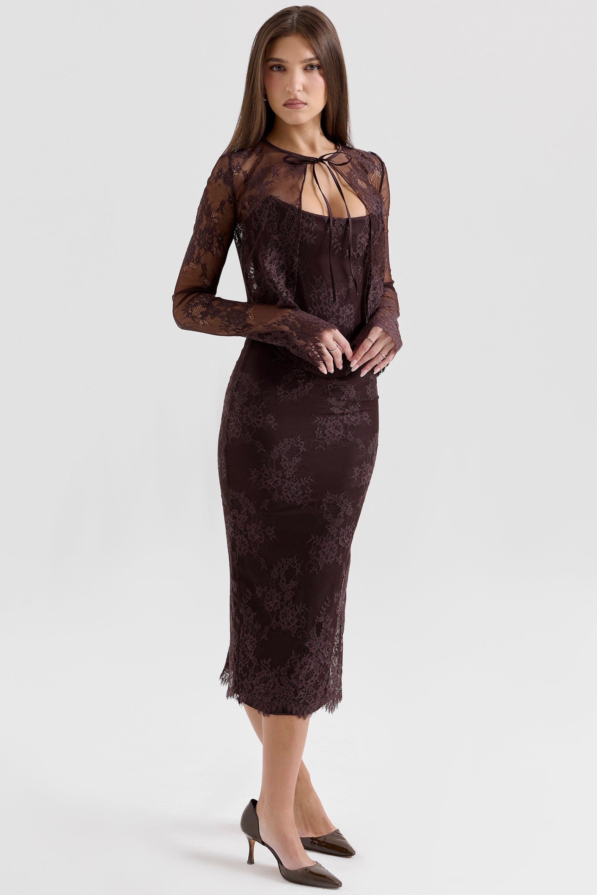 bitter chocolate lace corset midi dress & bolero