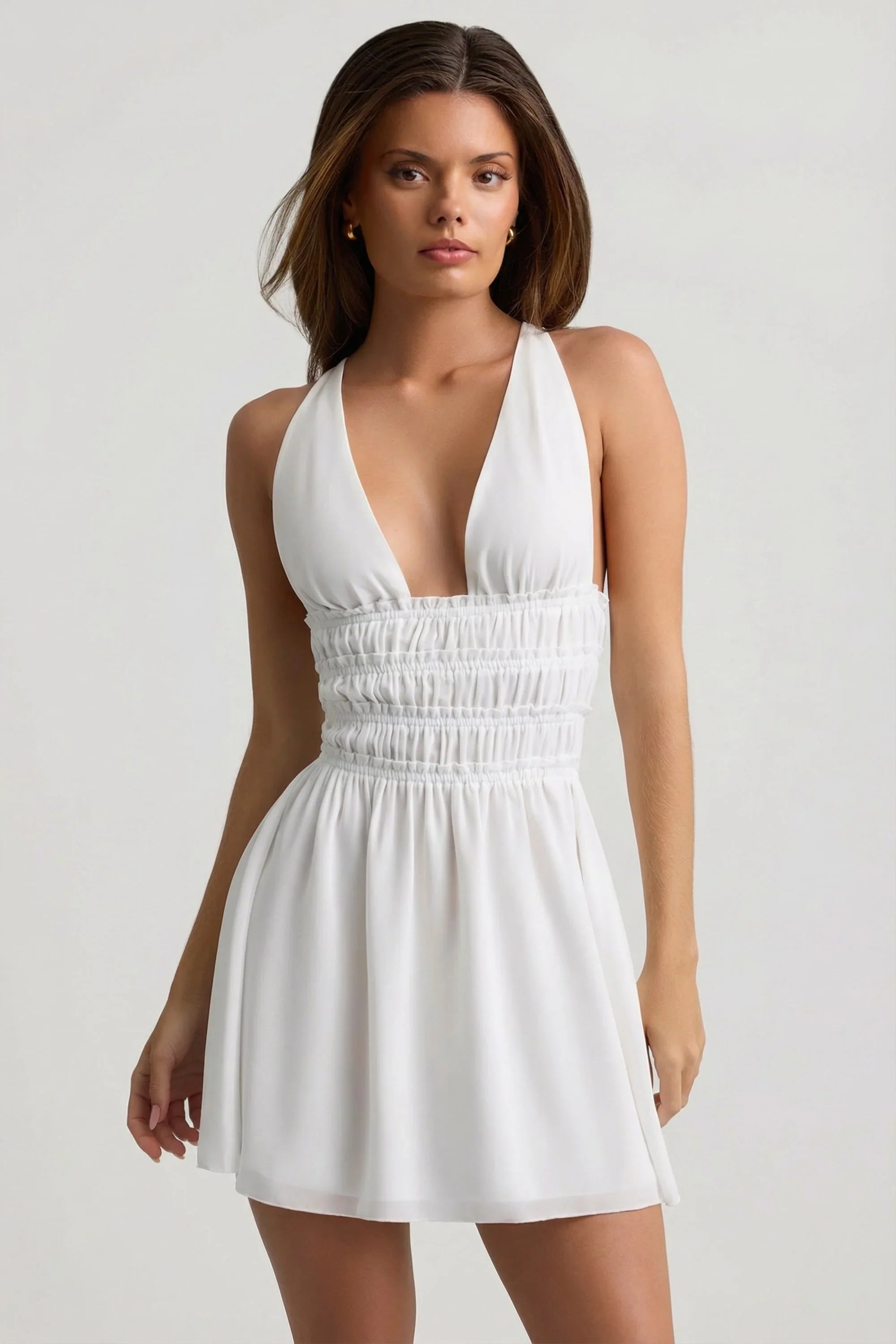 Plunge Cross-Back Mini Dress in White