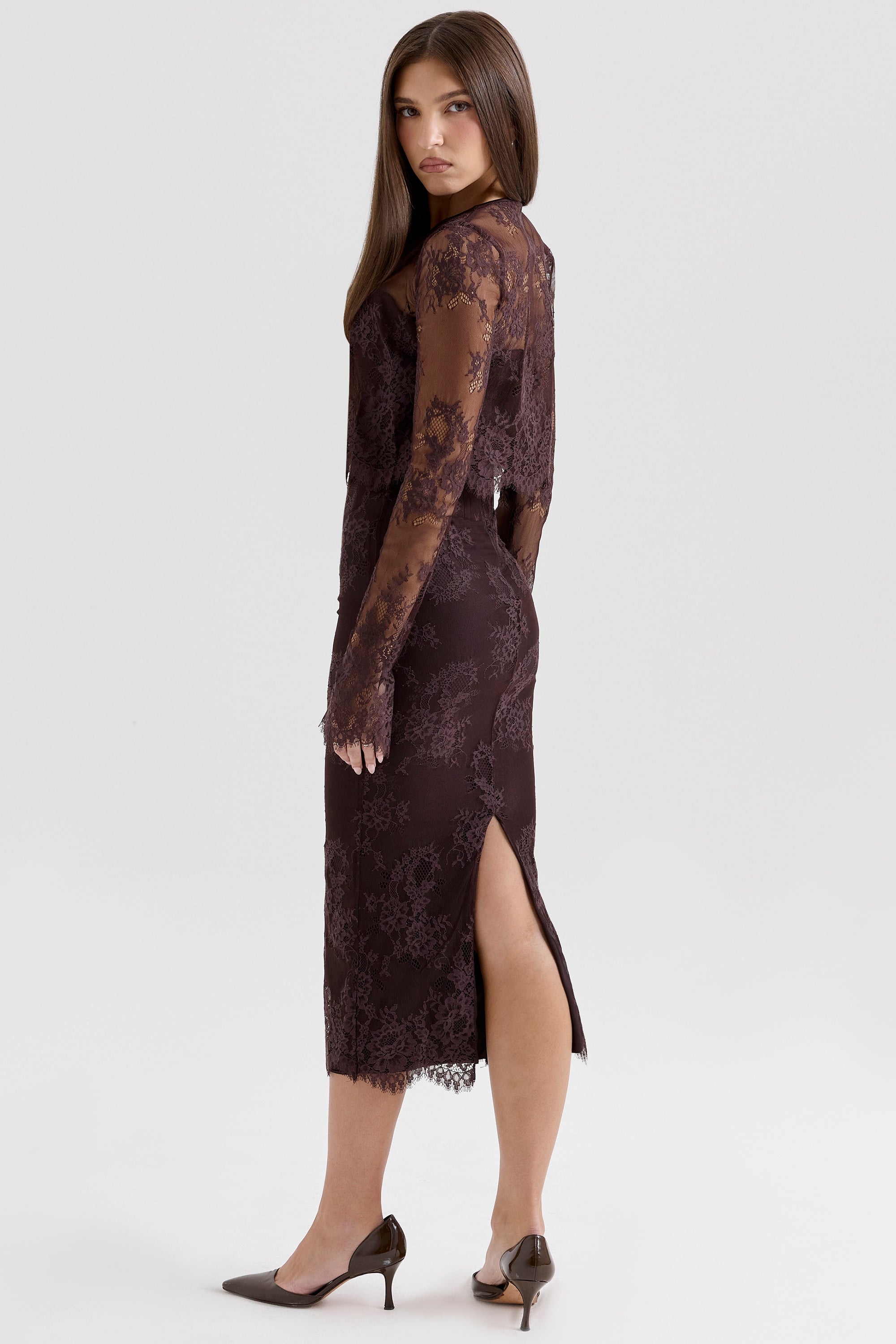bitter chocolate lace corset midi dress & bolero