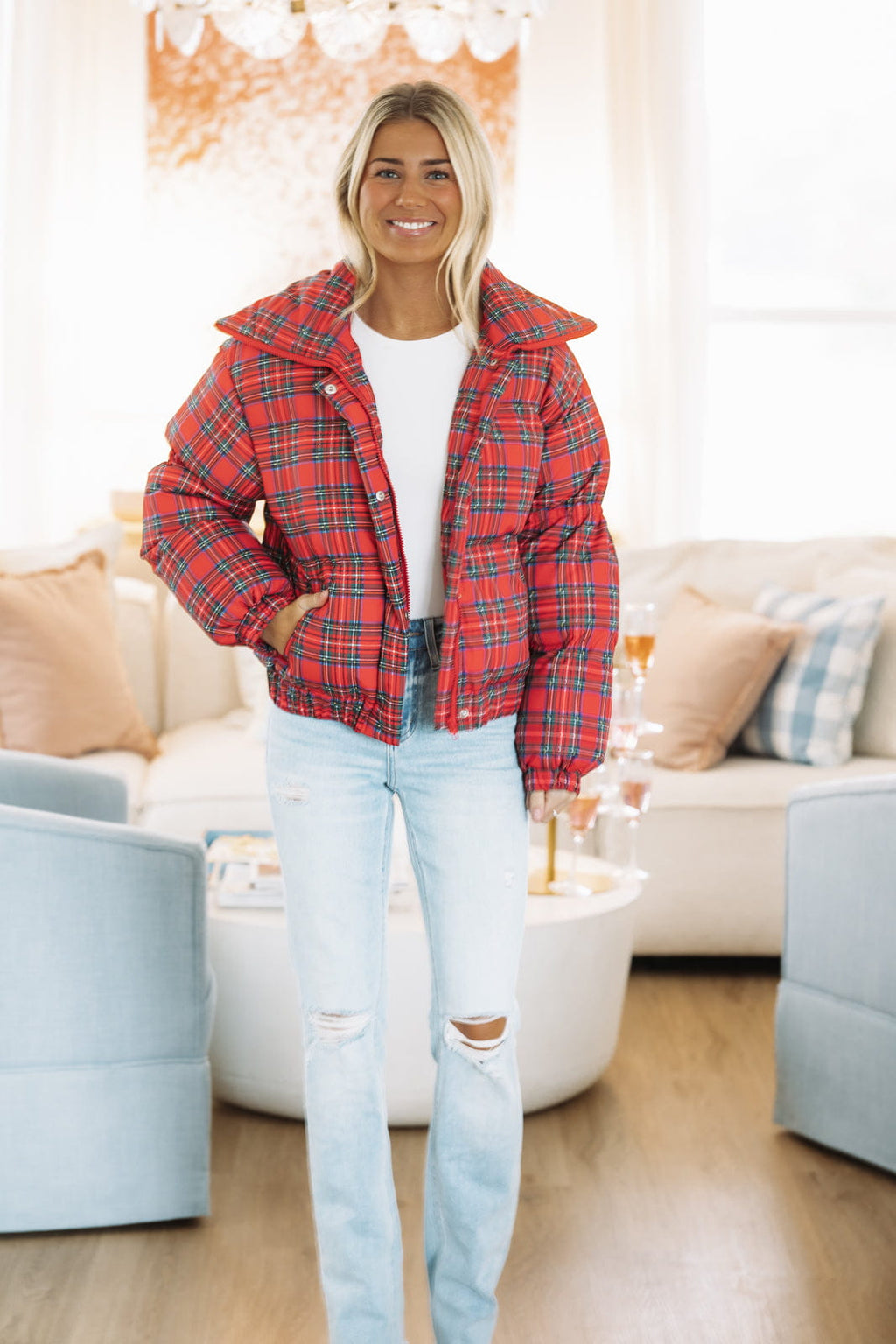 Merry Plaid Puffer Jacket - Red