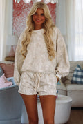 Cozy Zone Crewneck Top and Short Set -Beige Camo