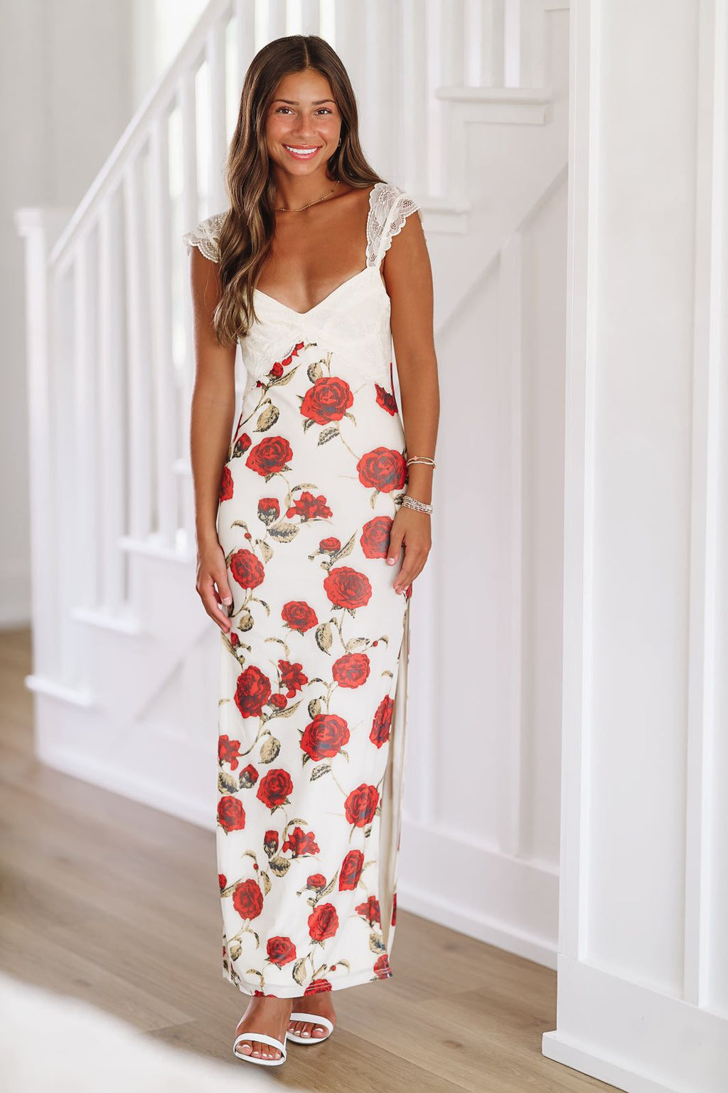 Flirtatious in Floral Maxi Dress Gown -Off White