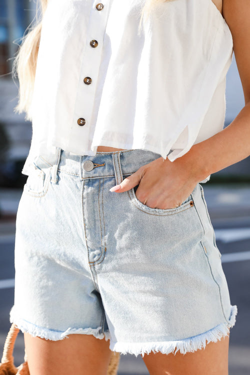 Come In With The Tide Frayed Denim Shorts