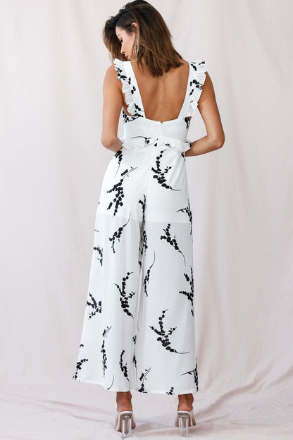 Azure Frill Strap Wide Leg Jumpsuit Floral Print White