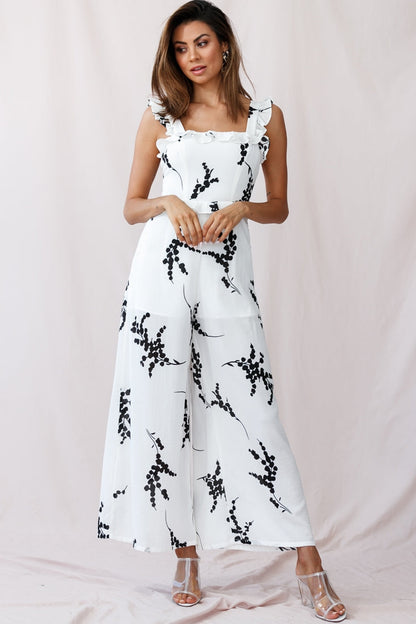 Azure Frill Strap Wide Leg Jumpsuit Floral Print White