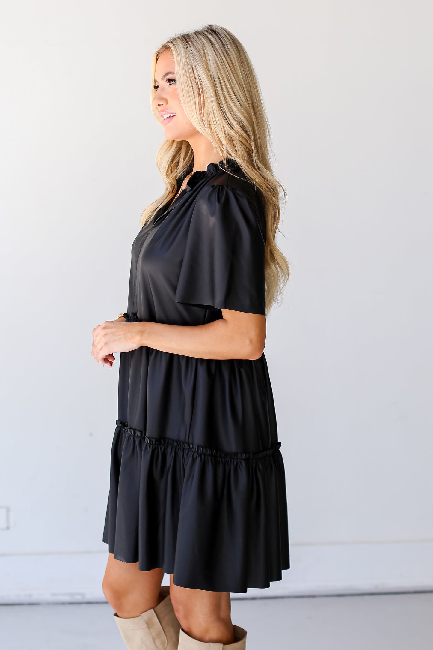 Check Your Vibe Leather Tiered Mini Dress
