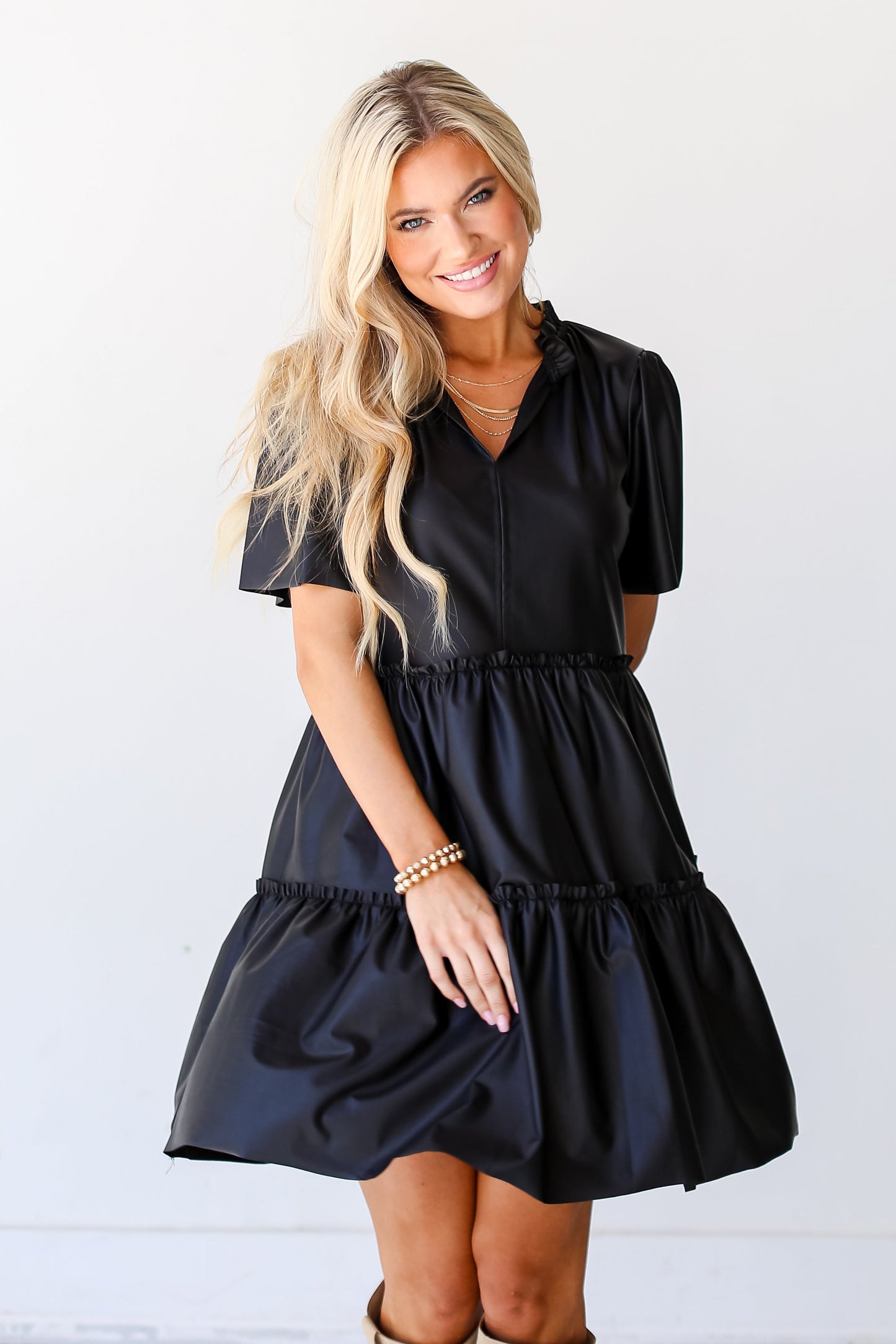 Check Your Vibe Leather Tiered Mini Dress